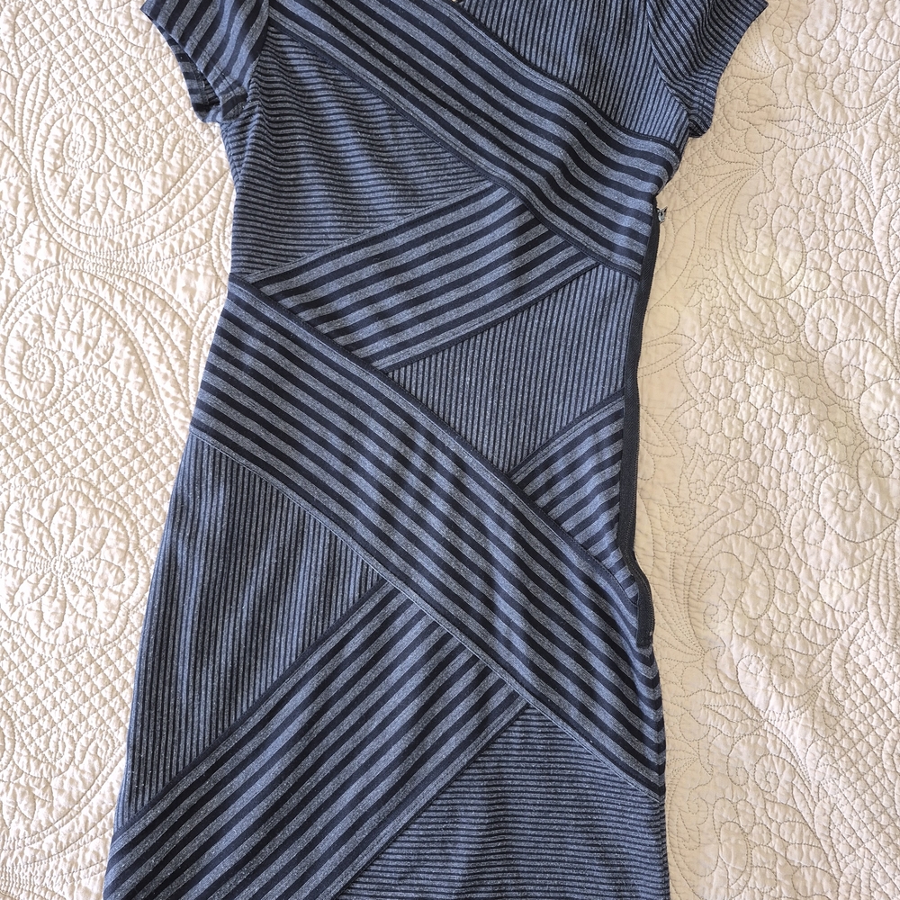 BCBG Max Azria Bandage Dress XS Grey & Black Striped Bodycon Asymmetrical